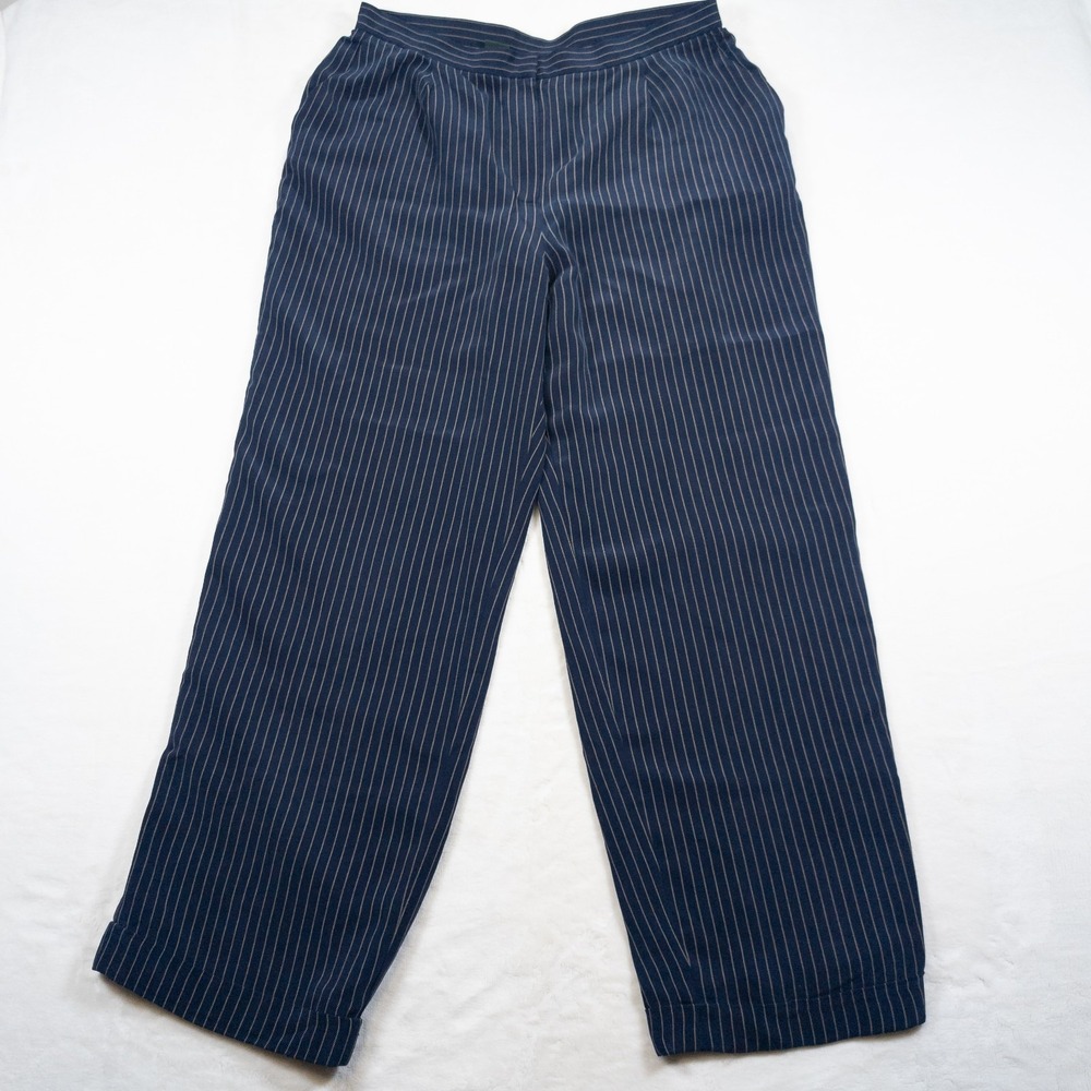 Lauren Ralph Lauren Silk Pleated Pants Womens 16 Pinstripe Blue Wide Leg Trouser